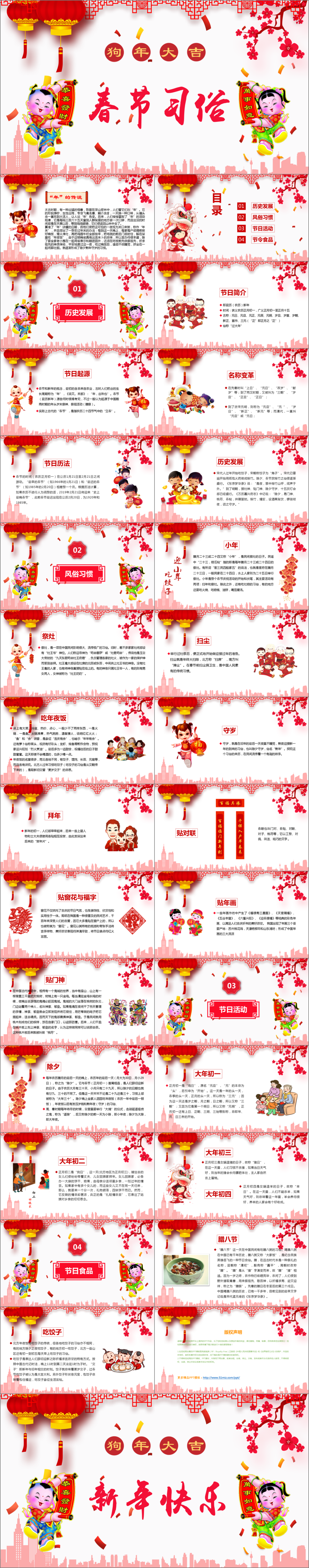 红色狗年新年春节习俗传统文化PPT模板