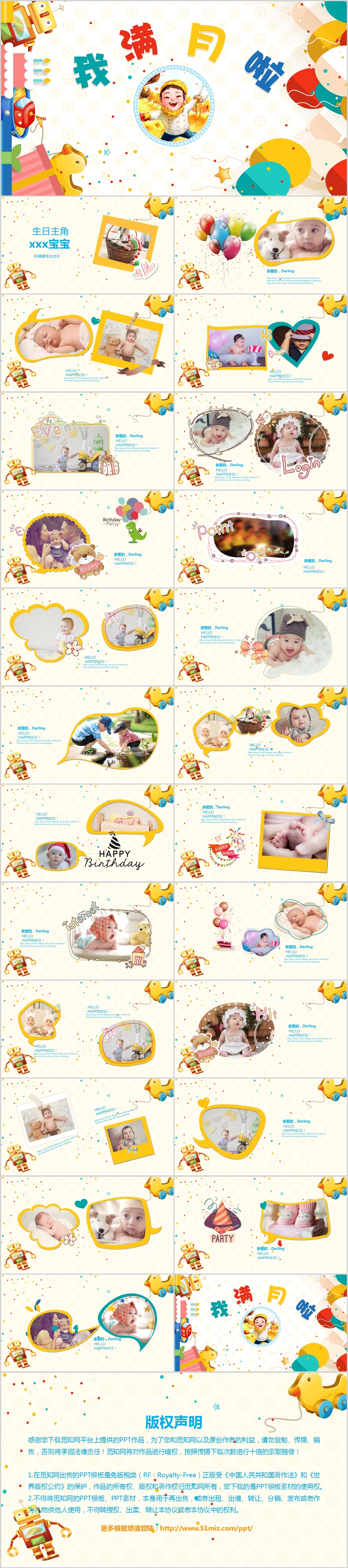 卡通可爱宝宝满月生日宴会主题相册PPT模板