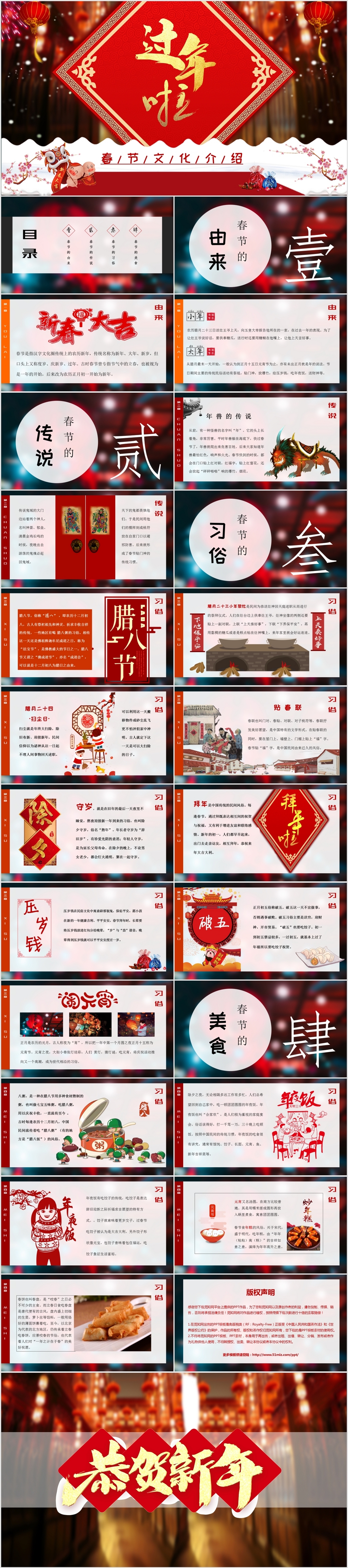 传统节日2019中国红过年啦新年春节文化春节习俗介绍PPT模板