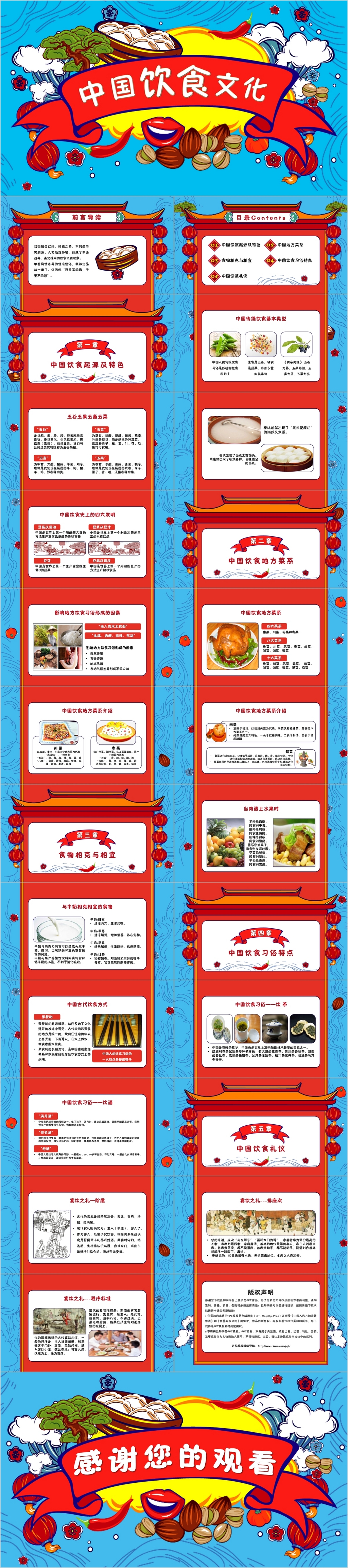 蓝色手绘风格中国美食文化介绍PPT模板