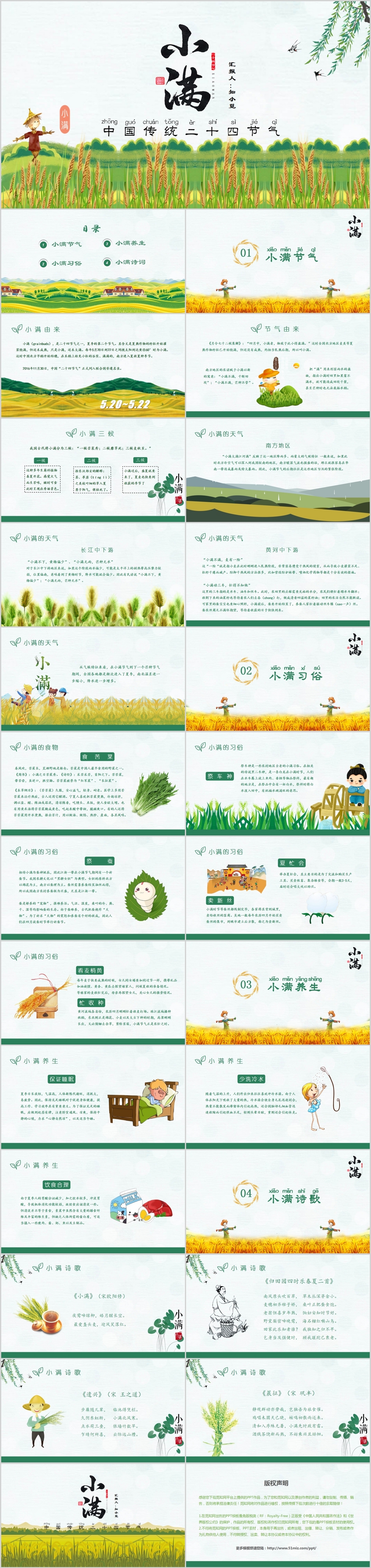 黄绿色卡通手绘中国传统二十四节气之小满麦子课件PPT模板