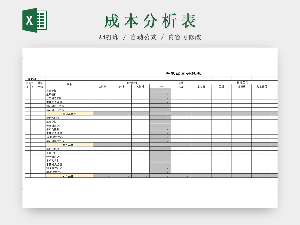 公司产品生产成本分析Excel表