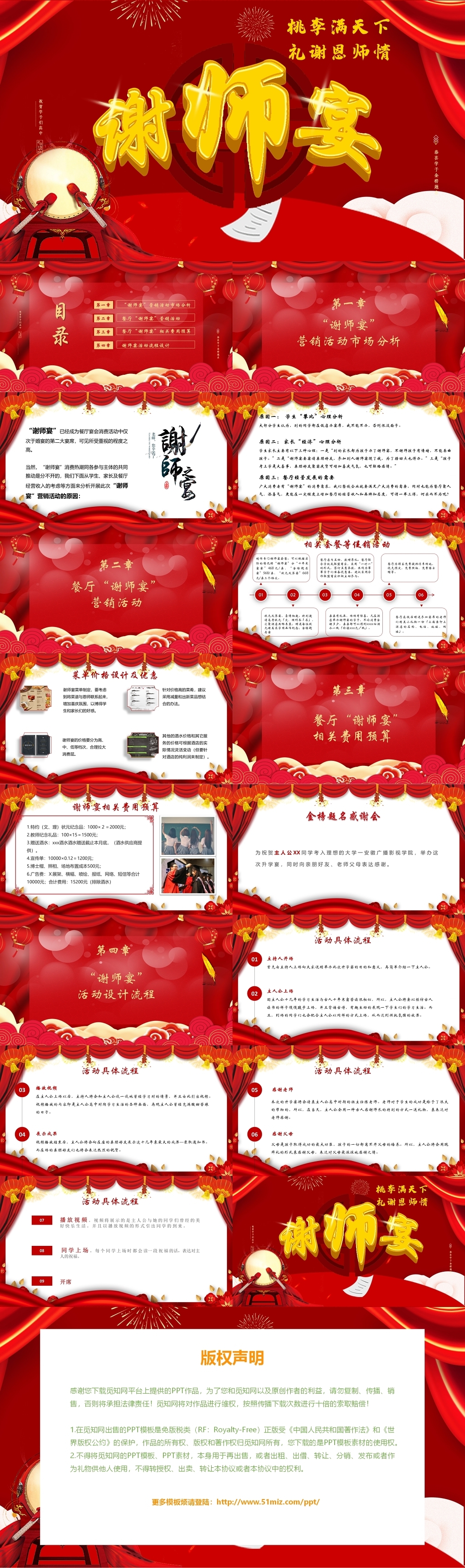 红色喜庆中国风谢师宴状元宴金榜题名升学宴PPT模板