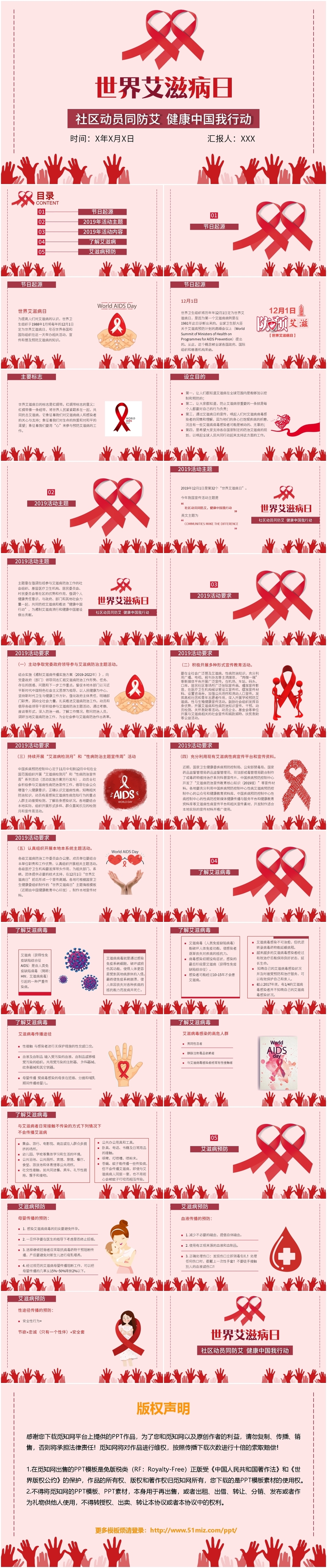 简约风世界艾滋病日社区动员同防艾健康中国我行动主题PPT模板