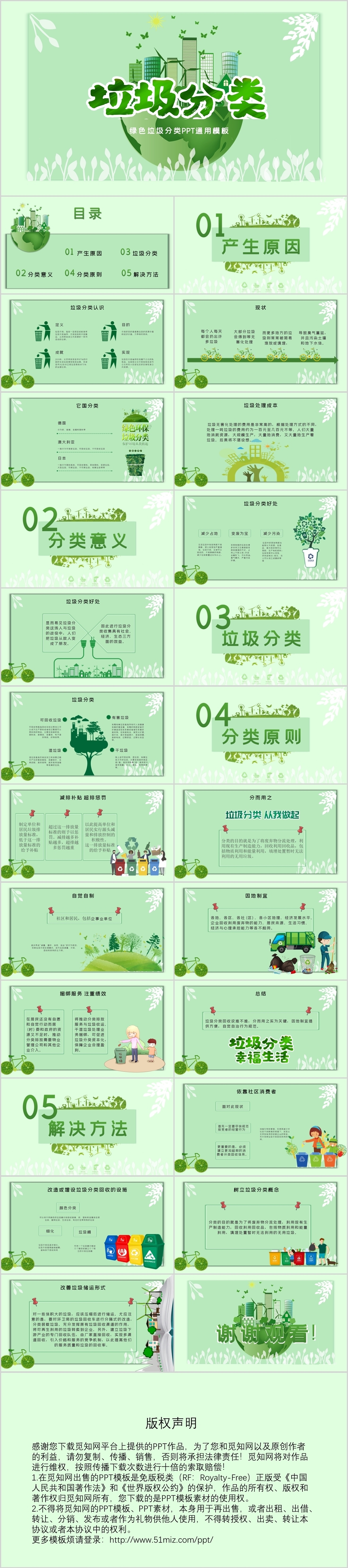 绿色简约垃圾分类保护环境爱护地球PPT模板
