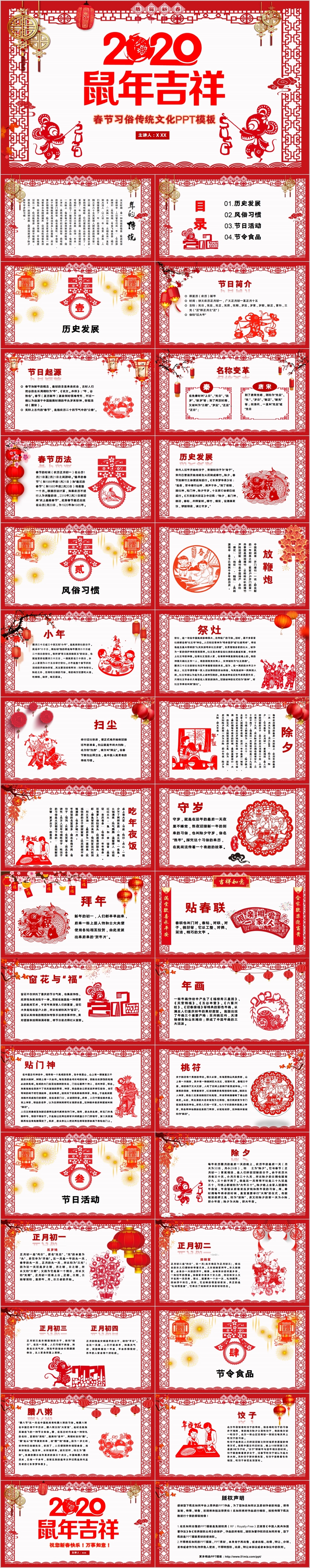 新年剪纸2020鼠年吉祥春节习俗传统文化PPT动态模板