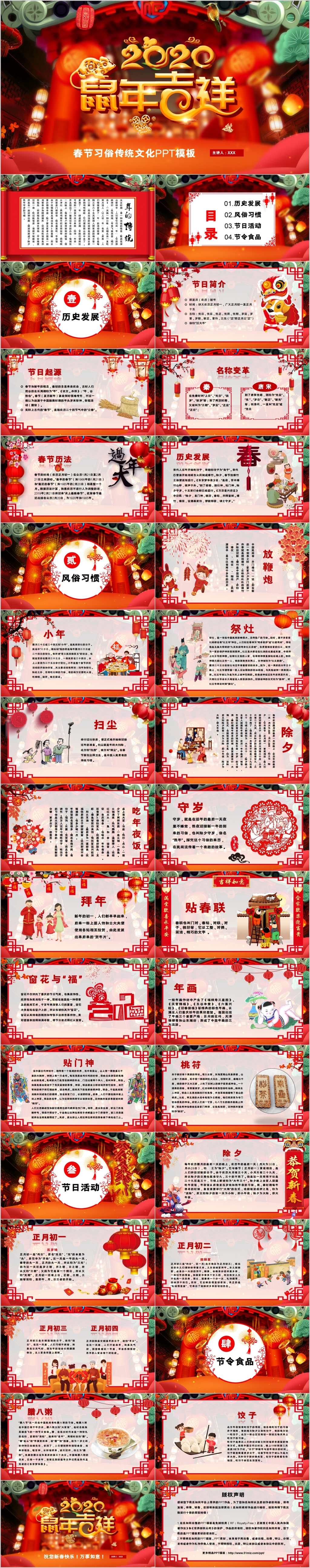 新年喜庆2020年鼠年吉祥春节习俗传统文化PPT动态模板