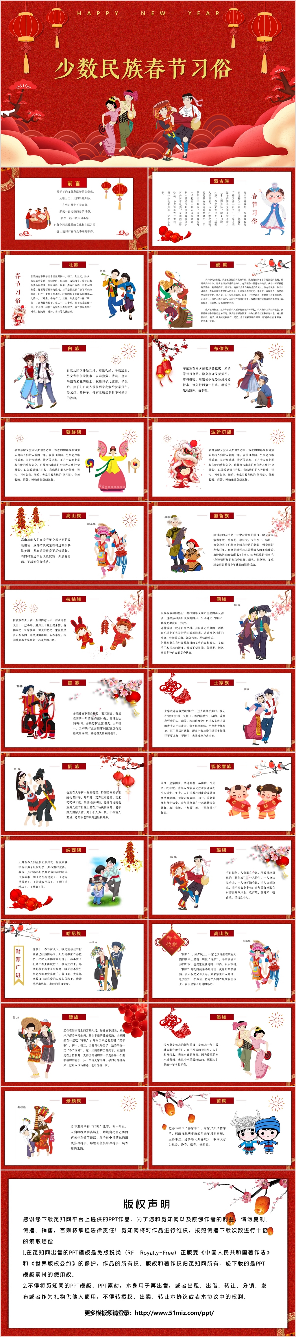 2020红色中国风少数民族春节传统习俗介绍PPT模板