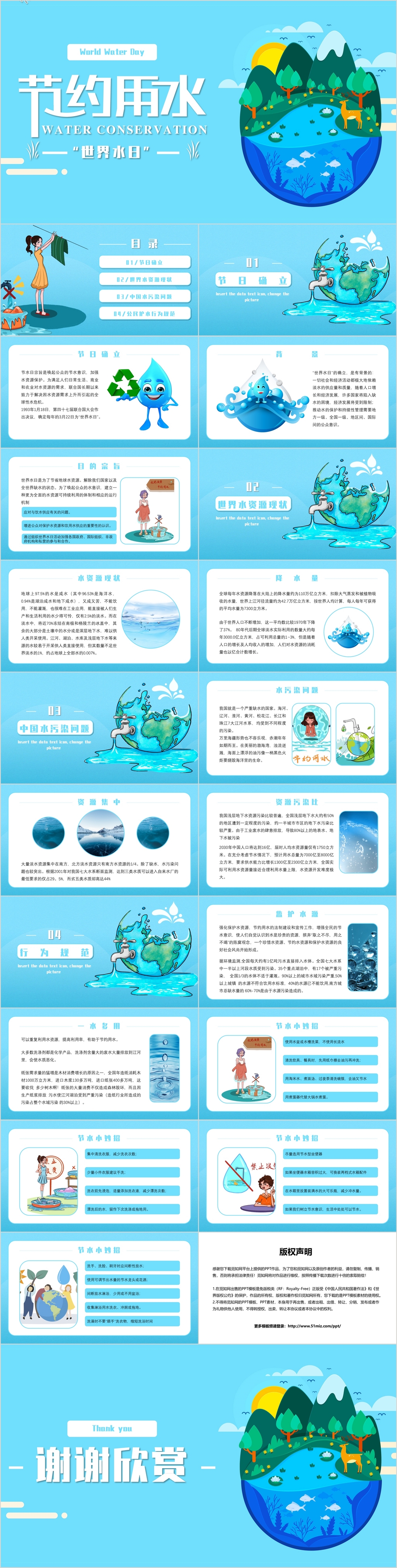 清新蓝色卡通风格世界水日节约用水PPT目标