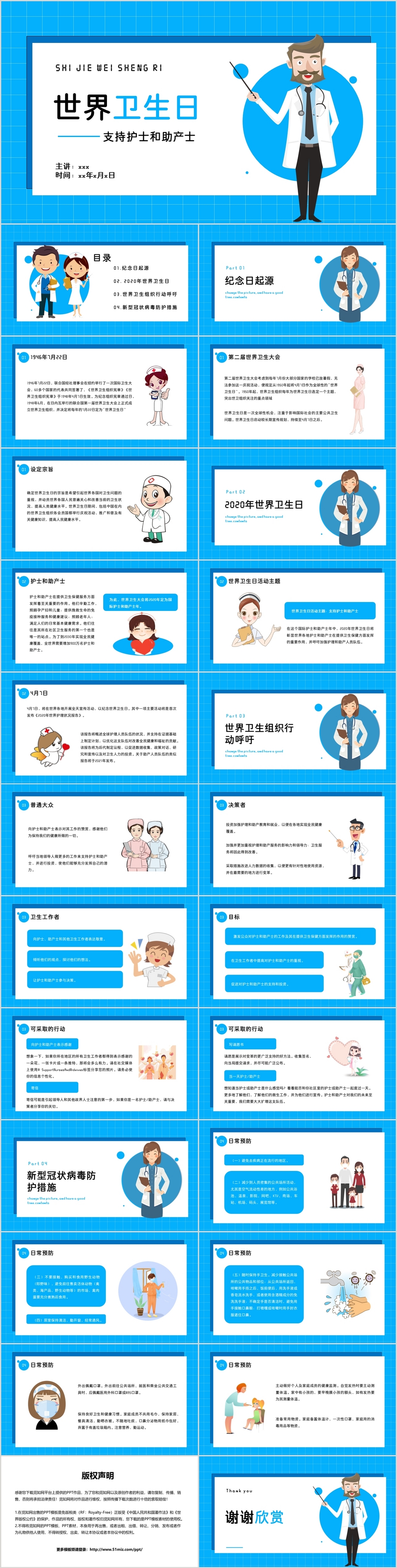 简约蓝色儿童卡通风格世界卫生日支持护士和助产士主题ppt