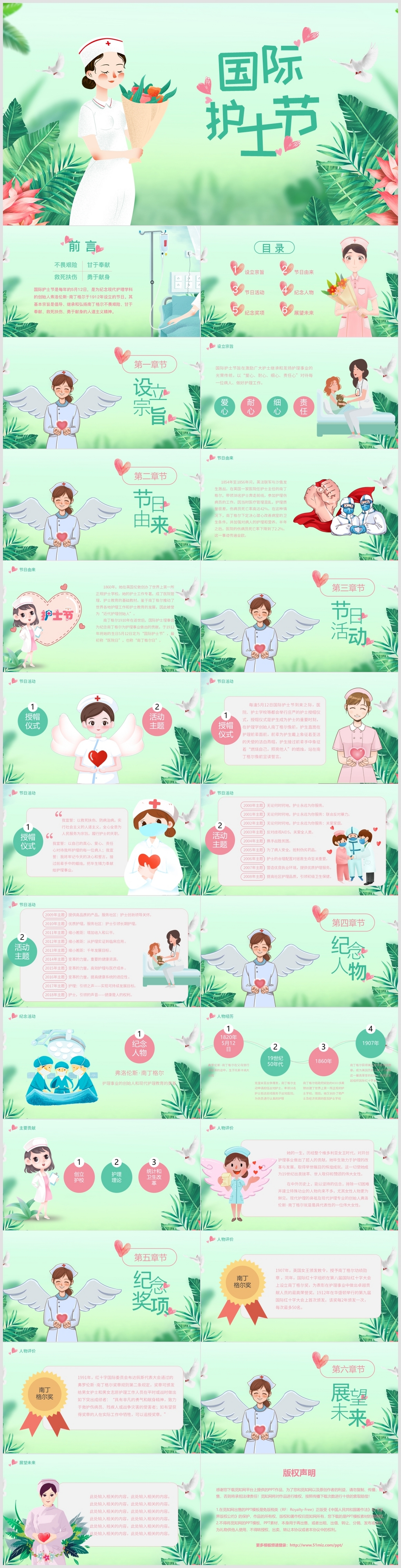 绿色粉色清新护士节介绍白衣天使PPT模板