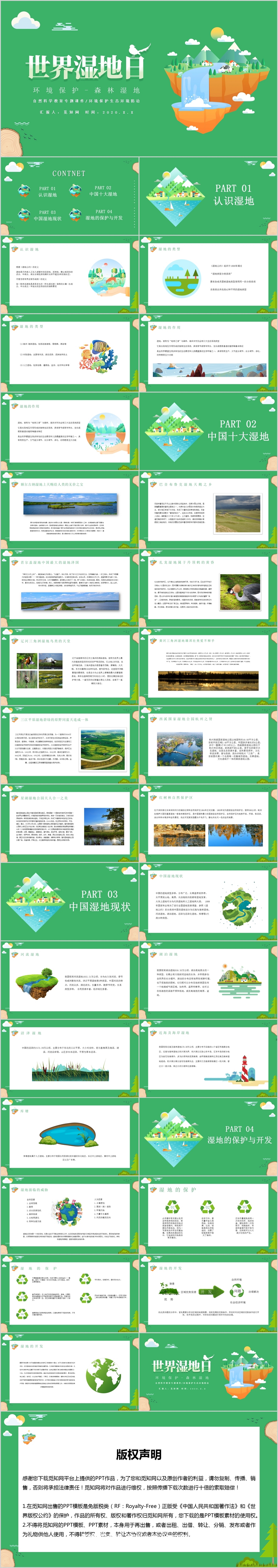 绿色简约保护森林湿地世界湿地日爱护环境教育主题PPT模板