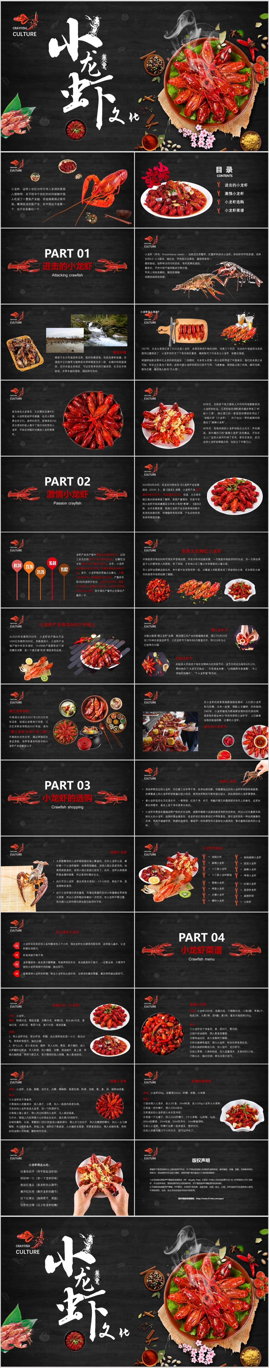 黑色插画风格小龙虾美食文化介绍推广展示PPT模板