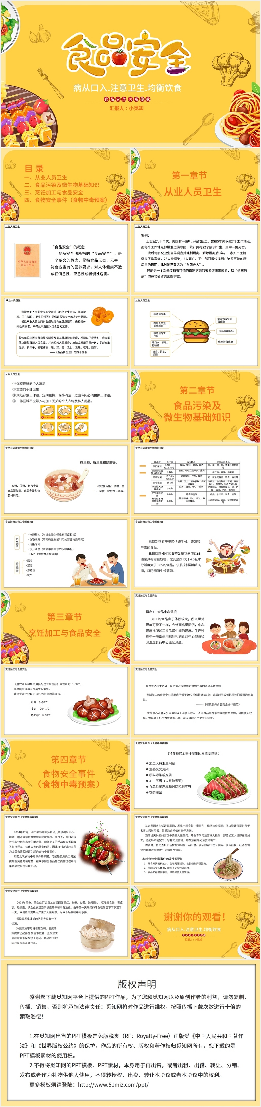黄色手绘卡通食品安全教育宣传课件PPT模板