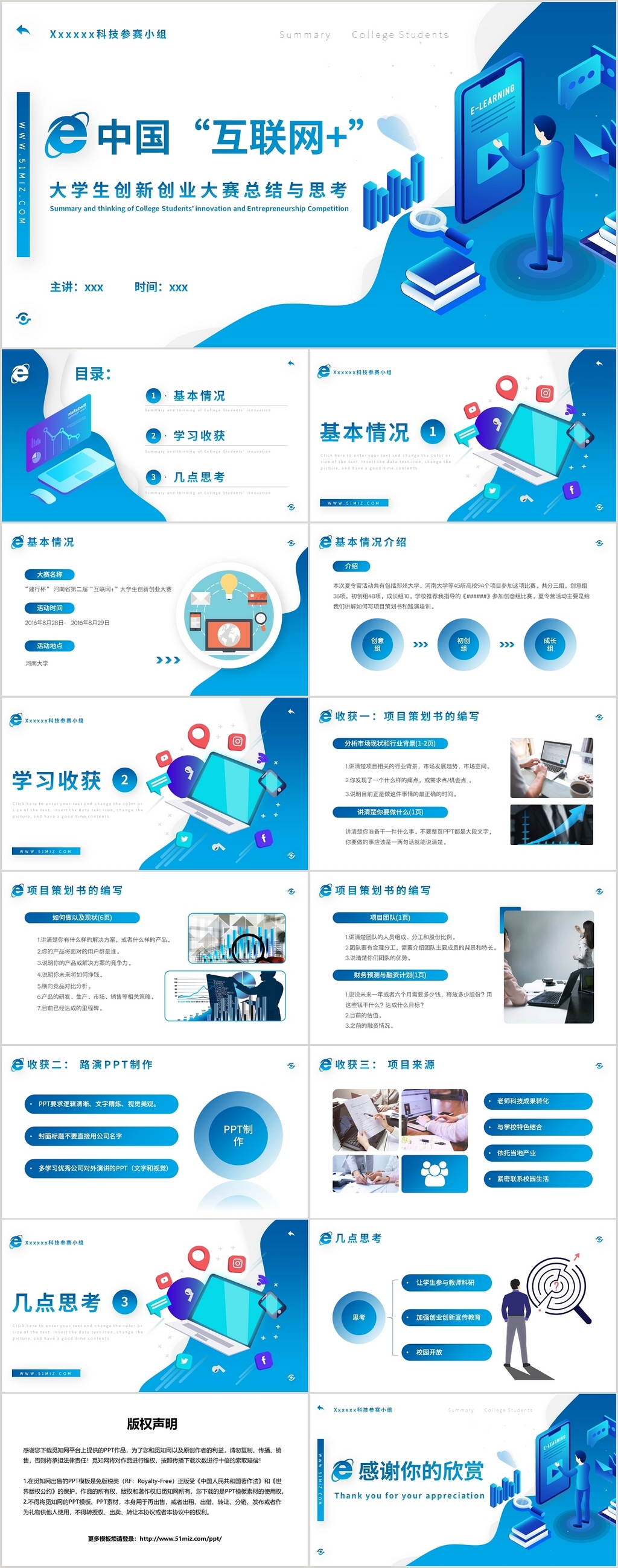 蓝色简约风中国互联网加大学生创新创业总结PPT模板