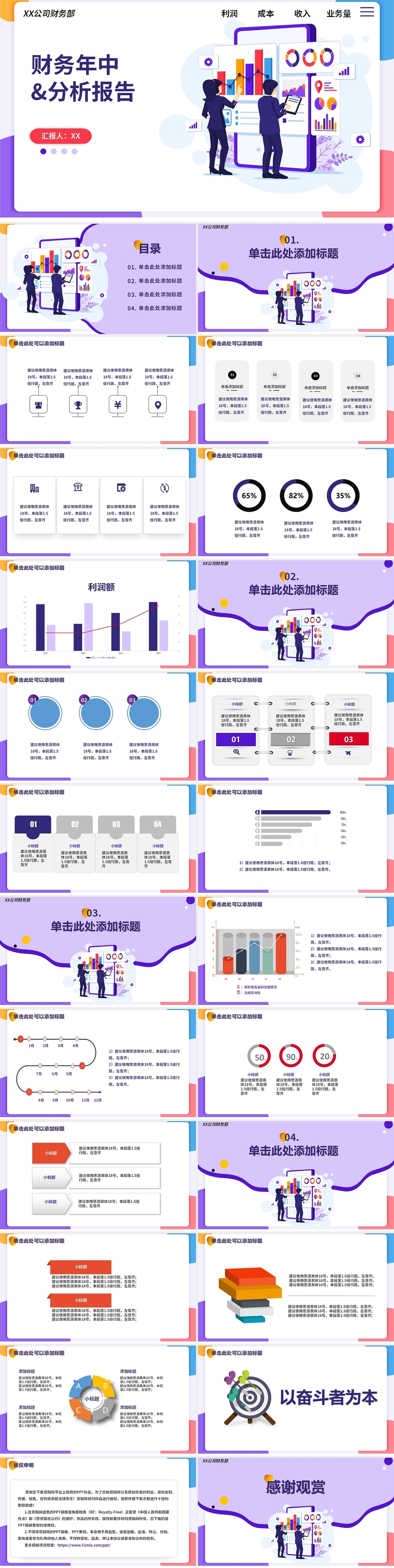 紫色卡通财务年中分析报告PPT财务工作总结