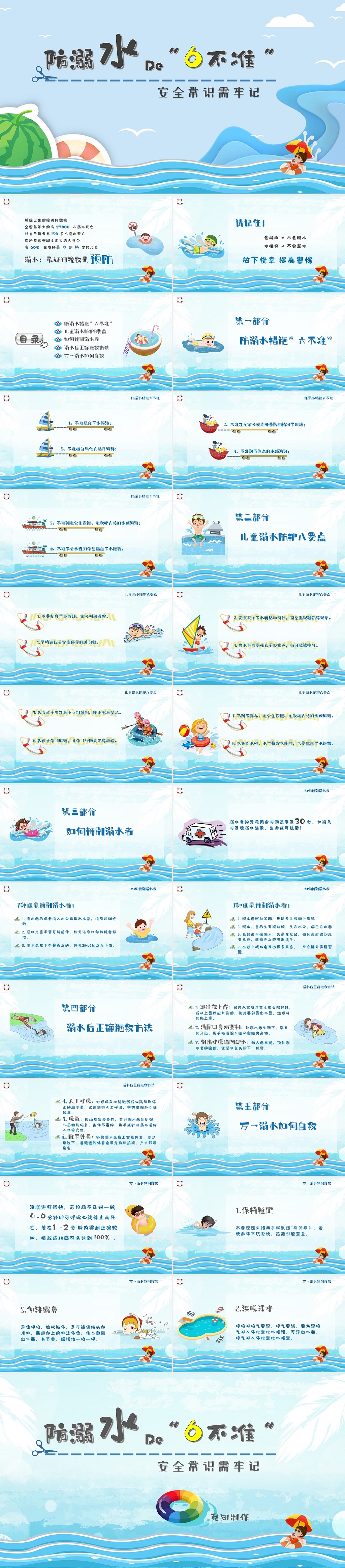 水蓝色卡通可爱儿童溺水预防PPT课件防溺水六不准