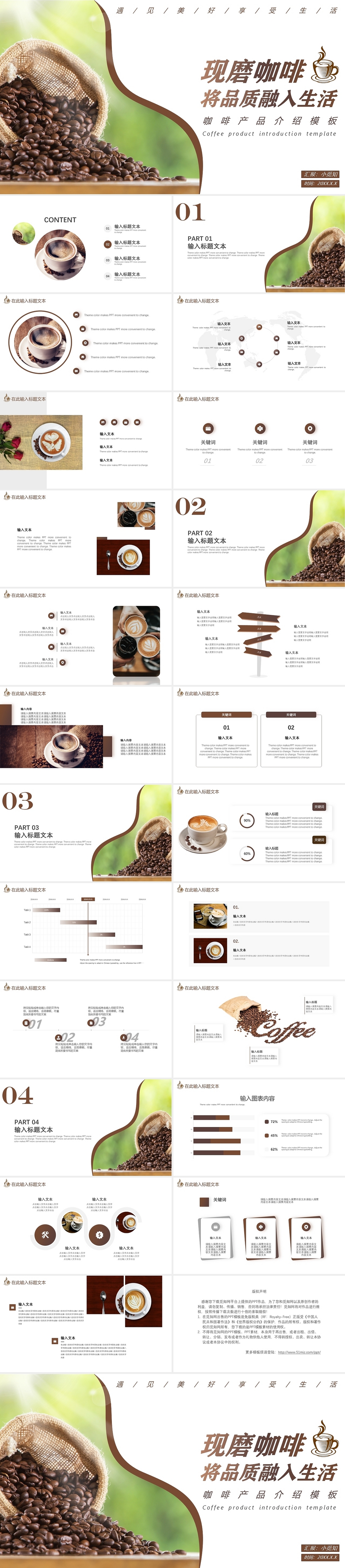 咖啡色简约现磨咖啡将品质融入生活咖啡产品介绍PPT模板