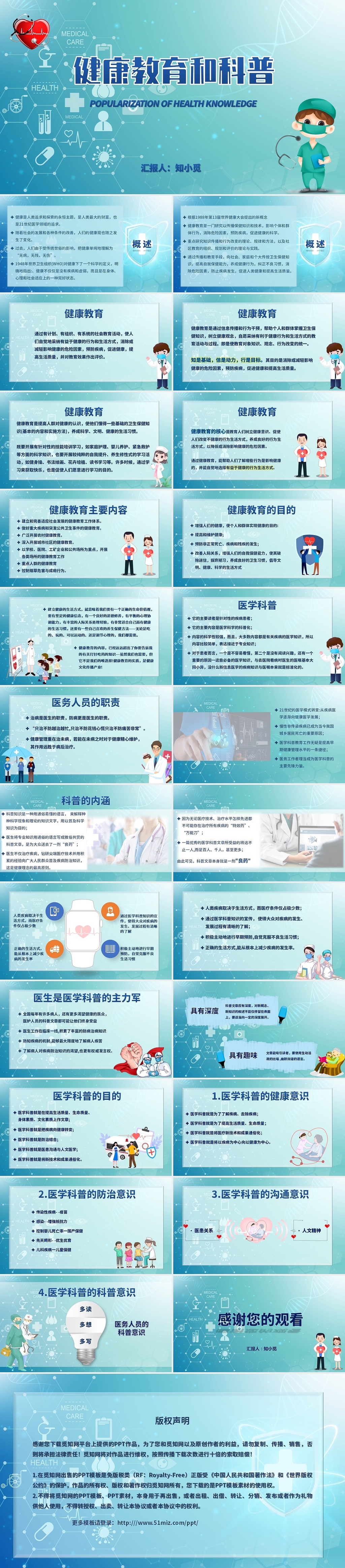 蓝绿色 科技感 卡通医疗健康 健康教育和科普ppt模板