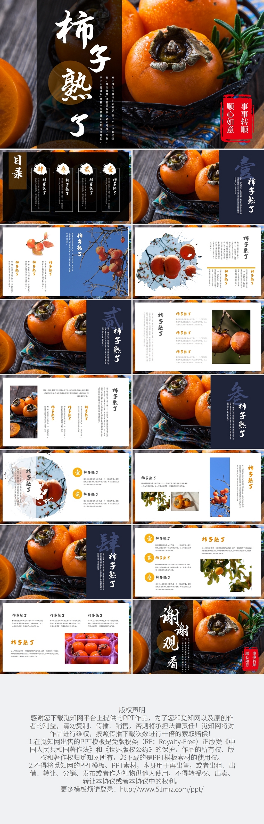 橘色简约中国风柿子熟了蔬菜产品介绍PPT模板