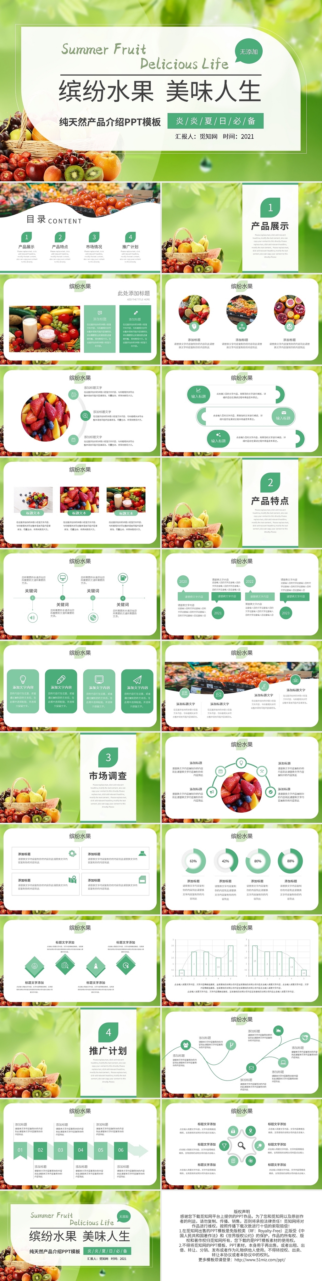 缤纷水果美味人生纯天然产品介绍PPT模板宣传PPT动态PPT水果产品介绍