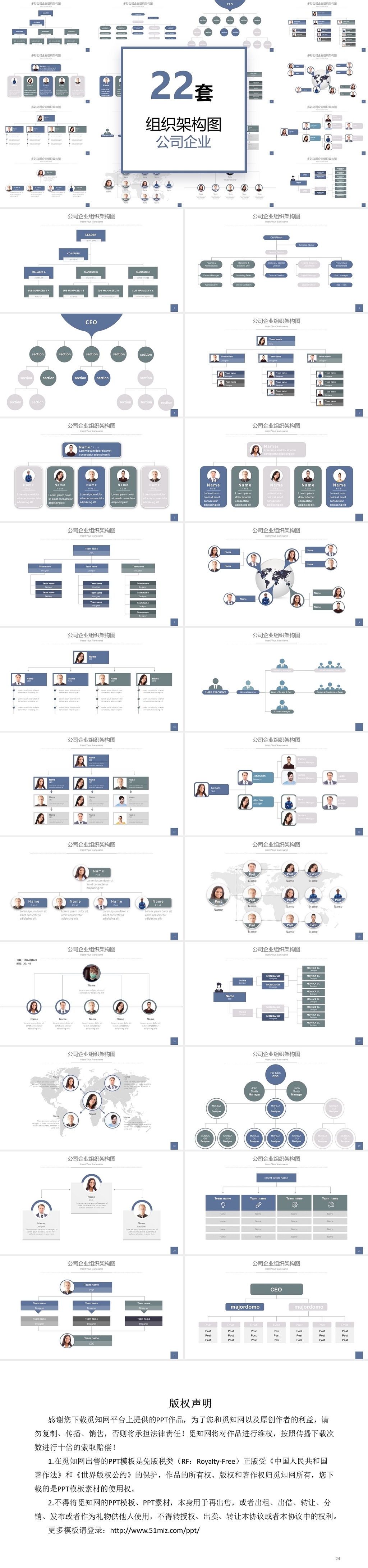 灰蓝色简约风22套公司企业组织结构架构图PPT模板组织架构图表