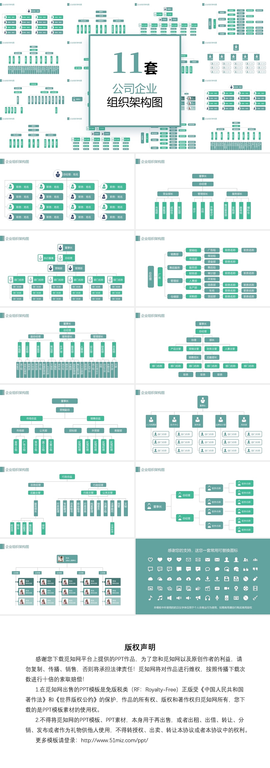 绿色简约风11套公司企业组织结构架构图PPT模板组织架构图表