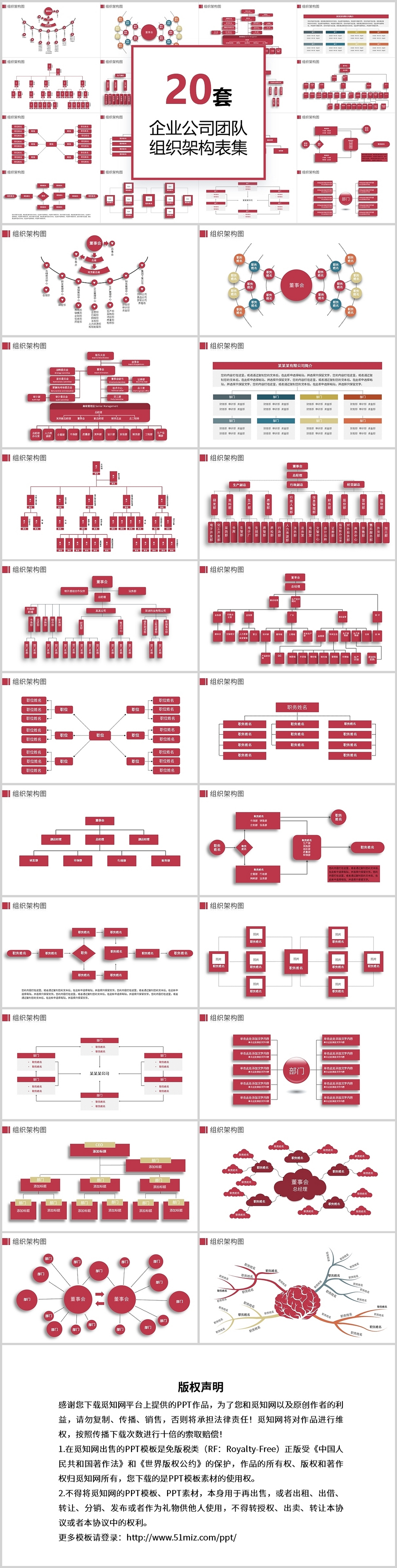 20页公司企业团体组织架构图PPT模板组织架构图表