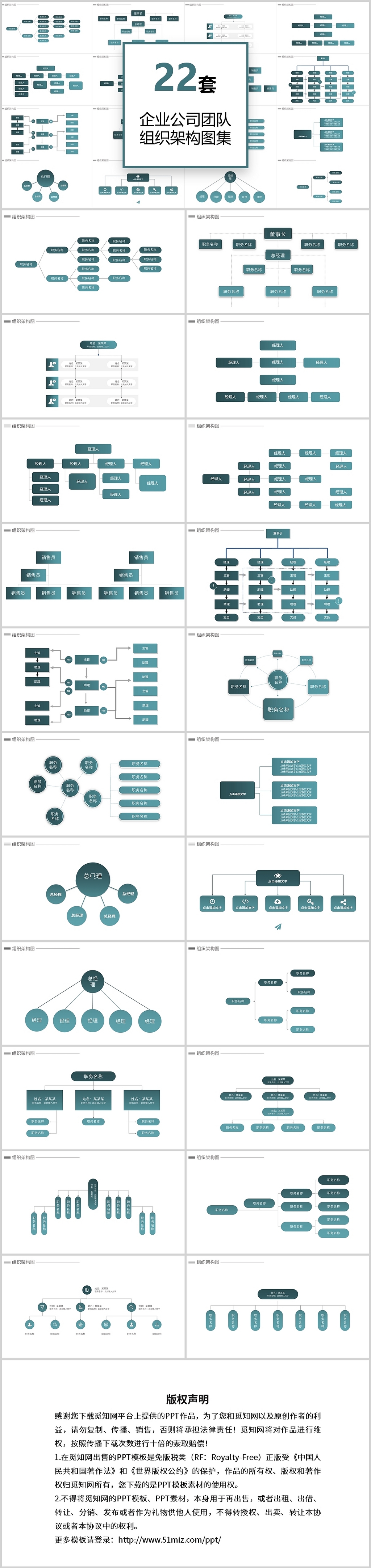 22套企业公司团队组织架构图表PPT模板