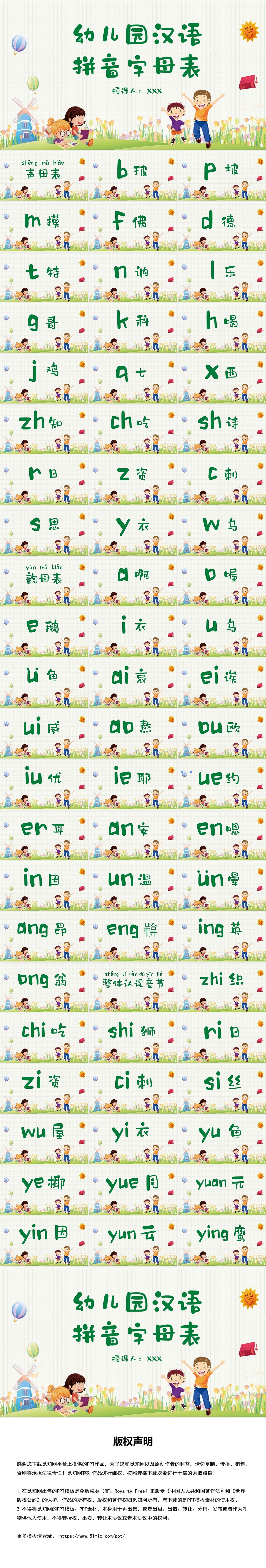 绿色卡通风幼儿园汉语拼音字母表学习PPT模板