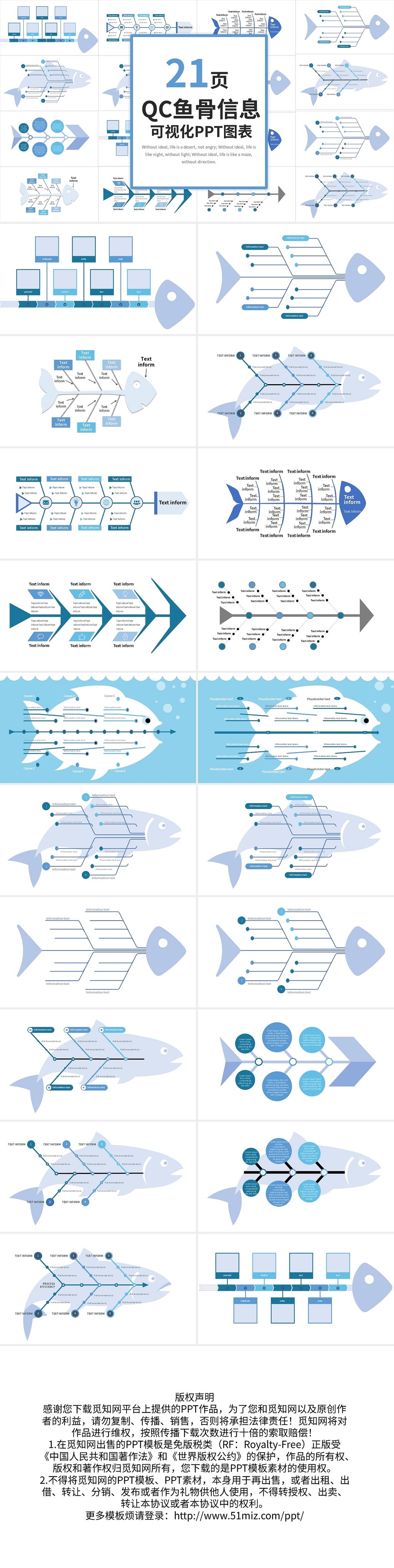 蓝色简约QC鱼骨信息可视化PPT图表PPT模板宣传PPT动态鱼骨图